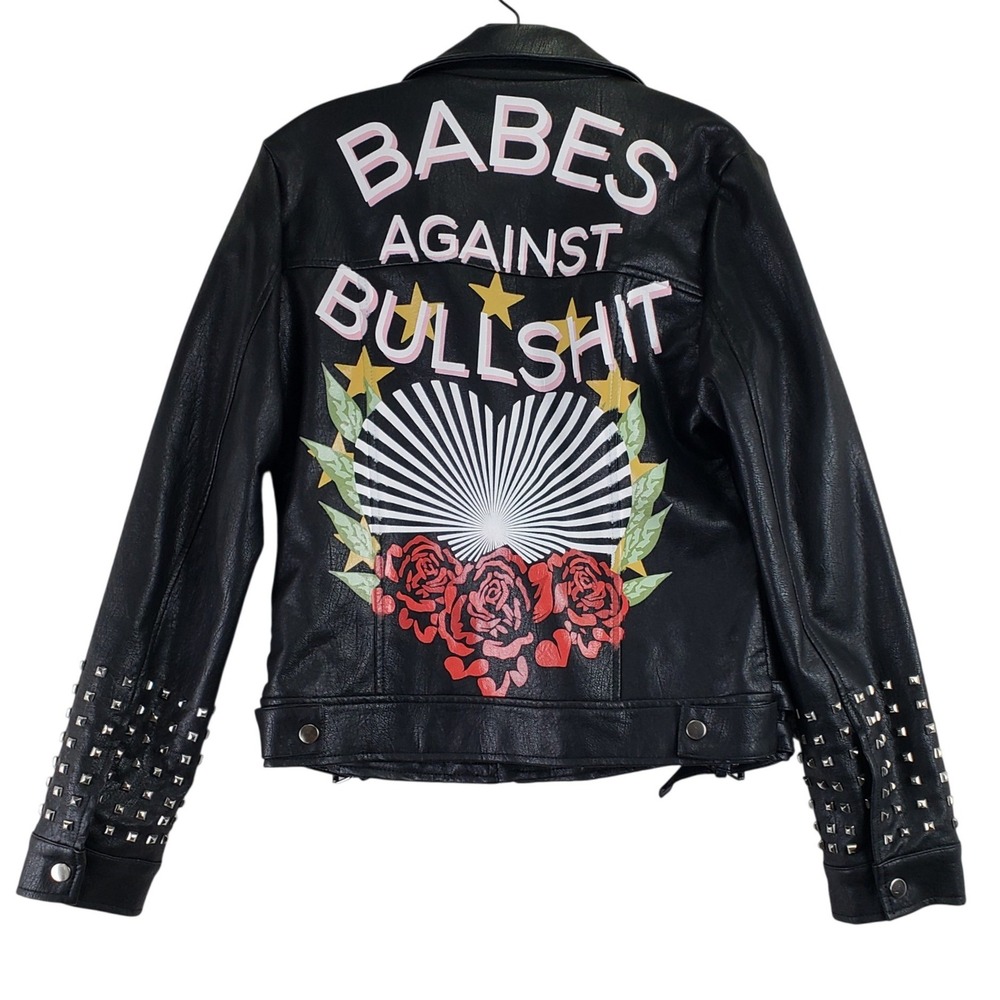 Nasty Gal Babes Against Bullshit Vegan Leather Jacket Womens 8 Black Moto Biker